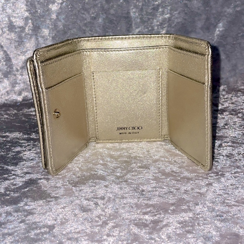 New Jimmy Choo Nemo Star Stud Crystal Leather Tri-fold Snap Wallet Metallic Gold - Picture 9 of 13